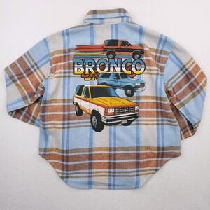 Ford Shirt Mens Medium Blue Brown Plaid Flannel Bronco 80s Wool Blend Heavy